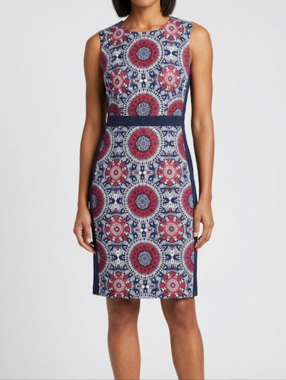 DM Collection Geometric Navy/Red Sleeveless Sheath Dress Size 4